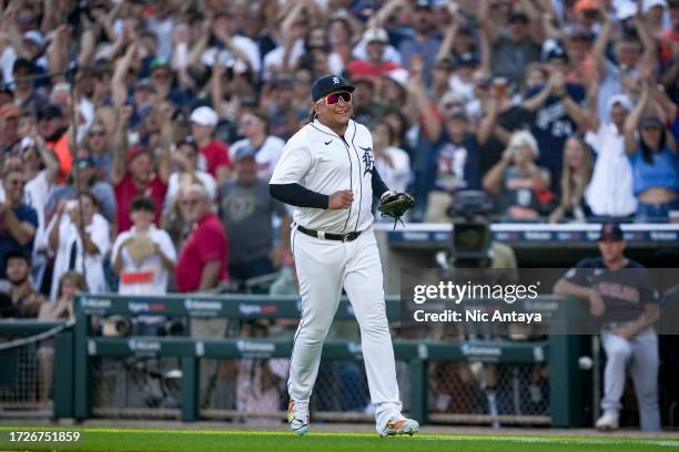 Miguel Cabrera of the Detroit Tigers smiles against the Cleveland Guardians at Comerica Park on October 01, 2023 in Detroit, Michigan.