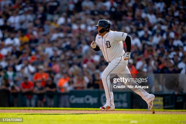 Miguel Cabrera of the Detroit Tigers runs in action against the Cleveland Guardians at Comerica Park on October 01, 2023 in Detroit, Michigan.