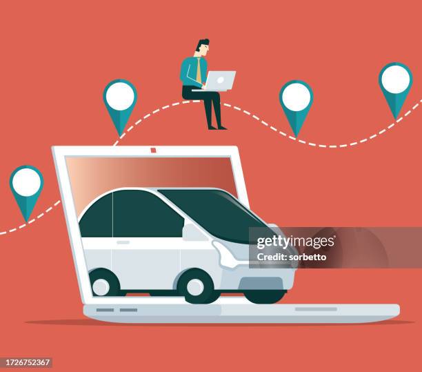 renting car using mobile app on laptop - remote collaboration stock illustrations
