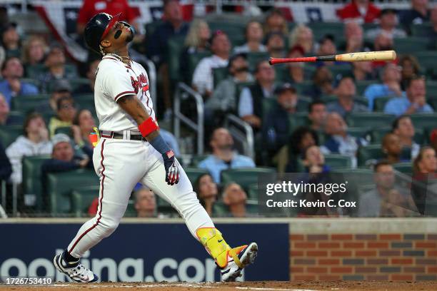 Ronald Acuna Jr. #13 of the Atlanta Braves reacts after popping out to end the third inning against the Philadelphia Phillies during Game Two of the...