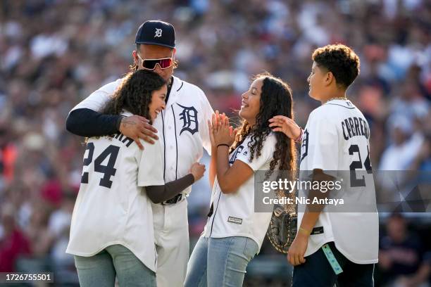 Miguel Cabrera of the Detroit Tigers embraces his family against the Cleveland Guardians at Comerica Park on October 01, 2023 in Detroit, Michigan.