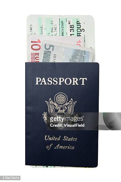 passport with boarding pass & euros - billets euros stock pictures, royalty-free photos & images