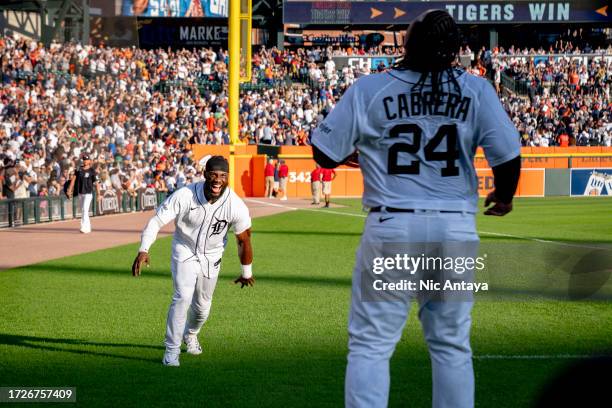 Akil Baddoo of the Detroit Tigers reacts after pouring water on Miguel Cabrera of the Detroit Tigers after their win against the Cleveland Guardians...