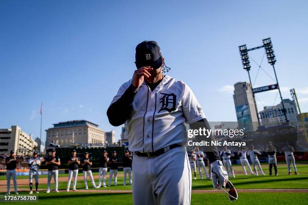 Miguel Cabrera of the Detroit Tigers reacts with emotion against the Cleveland Guardians at Comerica Park on October 01, 2023 in Detroit, Michigan.