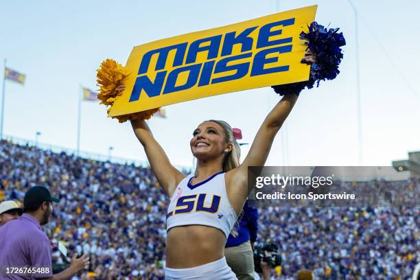 The LSU Tigers cheerleaders entertain the crowd during a game between the LSU Tigers and the Auburn Tigers on October 14 at Tiger Stadium in Baton...