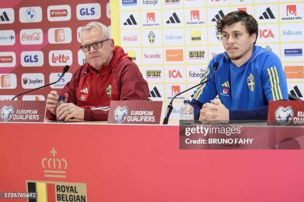 Sweden's head coach Janne Andersson and Sweden's Victor Lindelöf pictured during a press conference of the Swedish national soccer team, at the King...