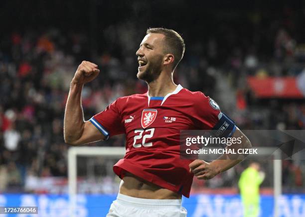 Czech Republic's midfielder Tomas Soucek celebrates after scoring the 1-0 goal during the UEFA Euro 2024 group E qualification football match between...