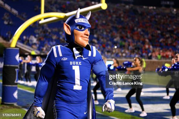 The mascot of the Duke Blue Devils performs during the game against the North Carolina State Wolfpack at Wallace Wade Stadium on October 14, 2023 in...