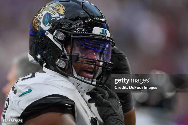 Jeremiah Ledbetter of Jacksonville Jaguars looks on during the NFL match between Jacksonville Jaguars and Buffalo Bills at Tottenham Hotspur Stadium...