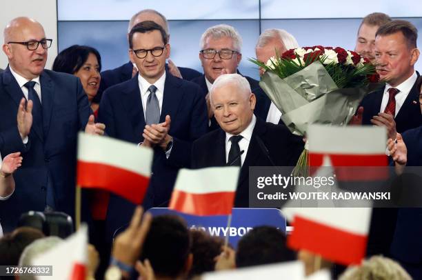 Polish Deputy Prime Minister and leader of the Law and Justice party party, Jaroslaw Kaczynski and Polish Prime Minister Mateusz Morawiecki of the...