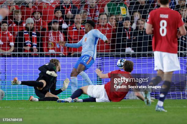 Ansu Fati of Spain scores but his goal will be disallowed Stefan Strandberg of Norway during the EURO Qualifier match between Norway v Spain at the...