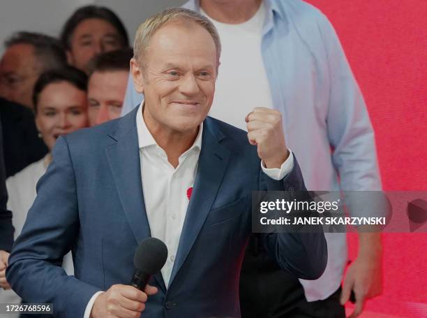 Poland's main opposition leader, former premier and head of the centrist Civic Coalition bloc, Donald Tusk addresses supporters at the party's...