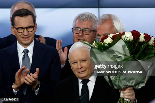 Polish Deputy Prime Minister and leader of the Law and Justice party party, Jaroslaw Kaczynski and Polish Prime Minister Mateusz Morawiecki of the...