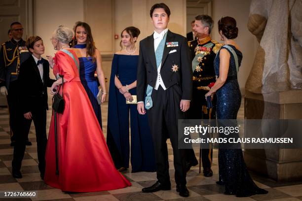 Denmark's Prince Vincent, Princess Isabella, Princess Josephine, Prince Christian, Crown Prince Frederik and Crown Princess Mary are received by...