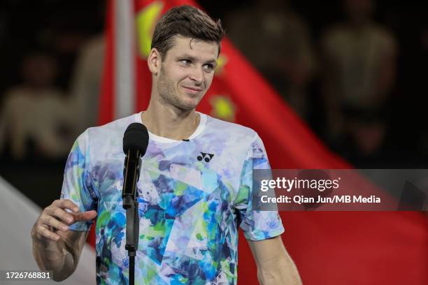 Hubert Hurkacz of Poland after the final match against Andrey Rublev of Russia on Day 14 of 2023 Shanghai Rolex Masters at Qi Zhong Tennis Centre on...