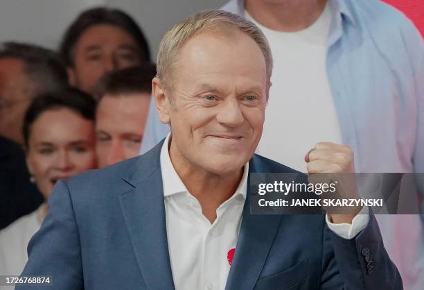 Poland's main opposition leader, former premier and head of the centrist Civic Coalition bloc, Donald Tusk addresses supporters at the party's...