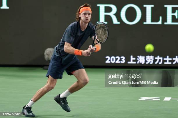 Andrey Rublev of Russia competes against Hubert Hurkacz of Poland during their final match on Day 14 of 2023 Shanghai Rolex Masters at Qi Zhong...