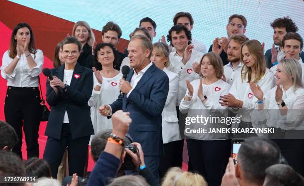 Poland's main opposition leader, former premier and head of the centrist Civic Coalition bloc, Donald Tusk addresses supporters at the party's...