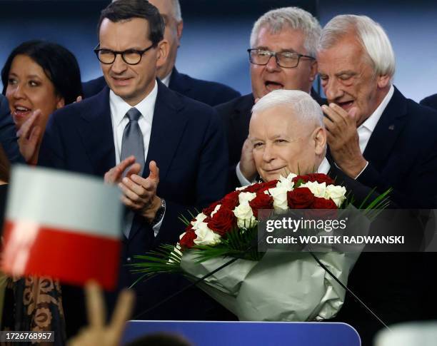 Polish Deputy Prime Minister and leader of the Law and Justice party party, Jaroslaw Kaczynski and Polish Prime Minister Mateusz Morawiecki of the...