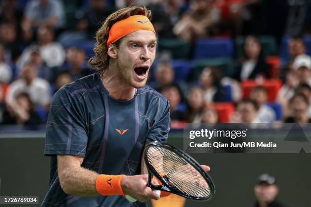 Andrey Rublev of Russia reacts as he competes against Hubert Hurkacz of Poland during their final match on Day 14 of 2023 Shanghai Rolex Masters at...