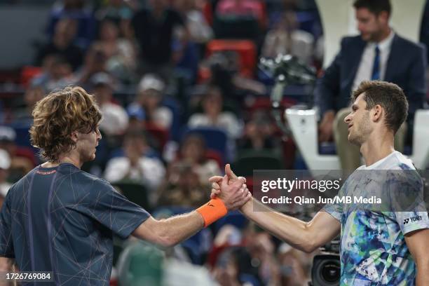 Hubert Hurkacz of Poland and Andrey Rublev of Russia during their final match on Day 14 of 2023 Shanghai Rolex Masters at Qi Zhong Tennis Centre on...