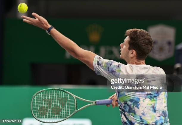 Hubert Hurkacz of Poland competes Andrey Rublev of Russia against during their final match on Day 14 of 2023 Shanghai Rolex Masters at Qi Zhong...