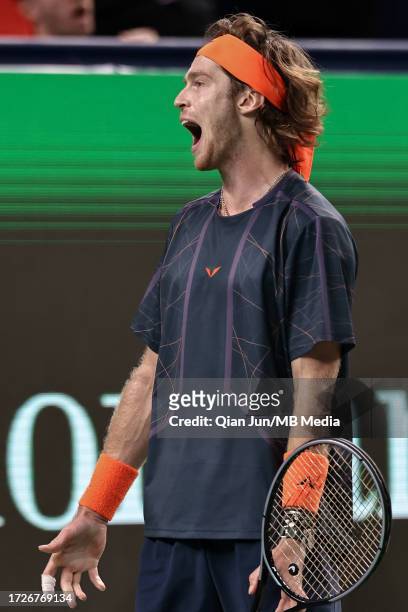 Andrey Rublev of Russia reacts as he competes against Hubert Hurkacz of Poland during their final match on Day 14 of 2023 Shanghai Rolex Masters at...