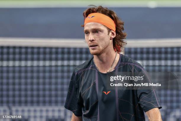 Andrey Rublev of Russia competes against Hubert Hurkacz of Poland during their final match on Day 14 of 2023 Shanghai Rolex Masters at Qi Zhong...