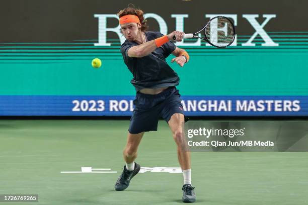 Andrey Rublev of Russia competes against Hubert Hurkacz of Poland during their final match on Day 14 of 2023 Shanghai Rolex Masters at Qi Zhong...