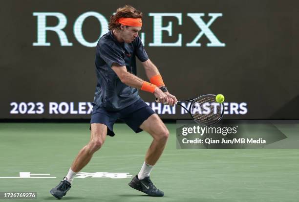 Andrey Rublev of Russia competes against Hubert Hurkacz of Poland during their final match on Day 14 of 2023 Shanghai Rolex Masters at Qi Zhong...