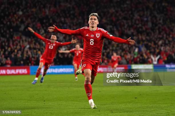 Harry Wilson of Wales celebrates scoring their side's first goal of the game dduring the UEFA EURO 2024 European qualifier match between Wales and...