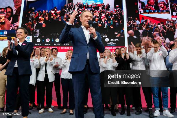 Donald Tusk, former president of the European Union and leader of the Civic Coalition, speaks during an election night rally at the party...