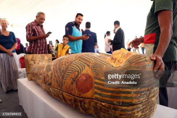 Coffins, papyri, sculptures and ornamental pieces dating back to the New Kingdom era are discovered in Tuna el Gebel district of Minya, Egypt on...