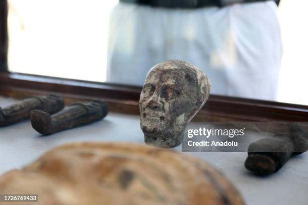 Coffins, papyri, sculptures and ornamental pieces dating back to the New Kingdom era are discovered in Tuna el Gebel district of Minya, Egypt on...