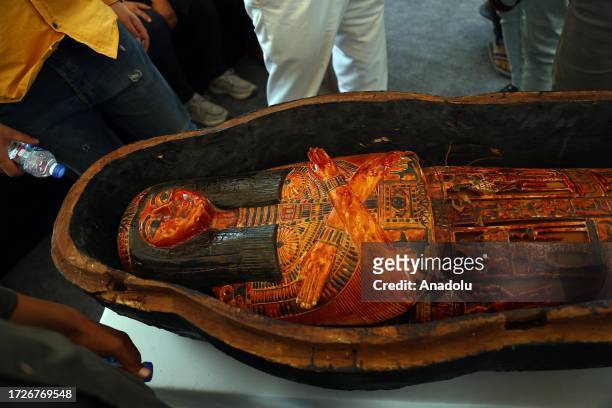 Coffins, papyri, sculptures and ornamental pieces dating back to the New Kingdom era are discovered in Tuna el Gebel district of Minya, Egypt on...