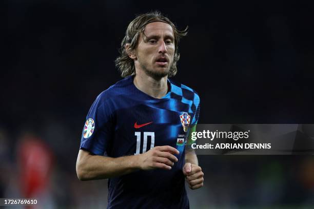 Croatia's midfielder Luka Modric during the UEFA Euro 2024 group D qualification football match between Wales and Croatia at Cardiff City Stadium in...