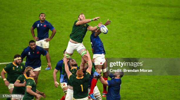 Paris , France - 15 October 2023; Cameron Woki of France steals a line out from Duane Vermeulen of South Africa during the 2023 Rugby World Cup...