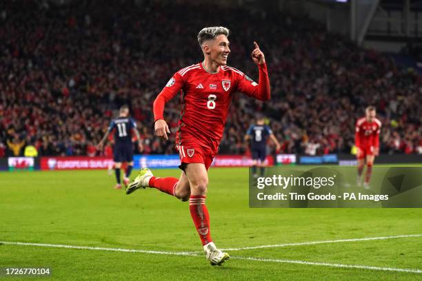 Wales' Harry Wilson celebrates scoring their side's second goal of the game during the UEFA Euro 2024 Qualifying Group D match at the Cardiff City...