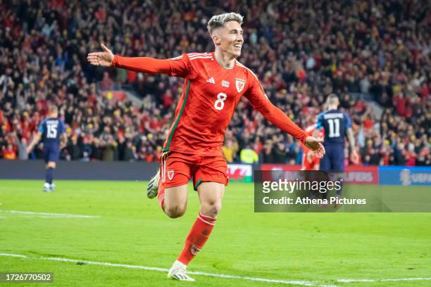 Harry Wilson of Wales celebrates scoring during the Group D - UEFA EURO 2024 Qualifying Round match between Wales and Croatia at Cardiff City Stadium...