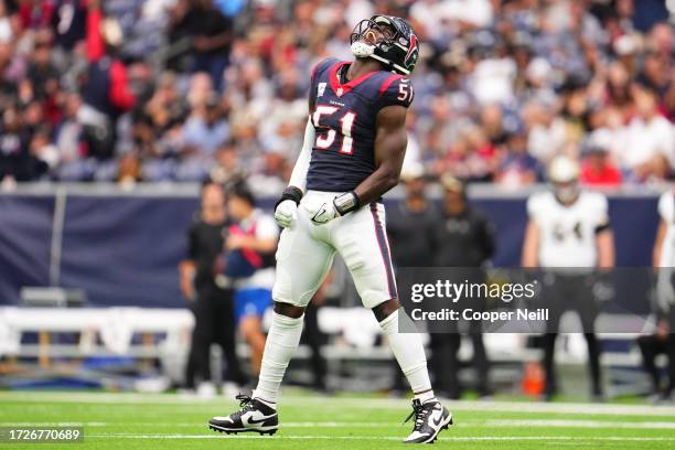 Will Anderson Jr. #51 of the Houston Texans celebrates after a play against the New Orleans Saints during the second half at NRG Stadium on October...