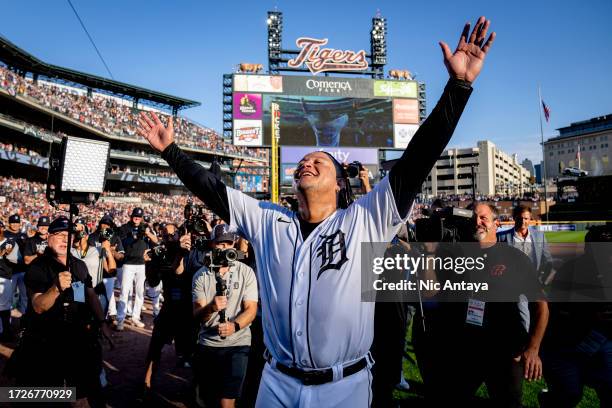 Miguel Cabrera of the Detroit Tigers reacts after his last game ever and win against the Cleveland Guardians at Comerica Park on October 01, 2023 in...