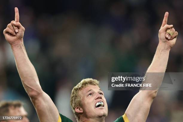 South Africa's flanker Pieter-Steph du Toit celebrates after victory in the France 2023 Rugby World Cup quarter-final match between France and South...