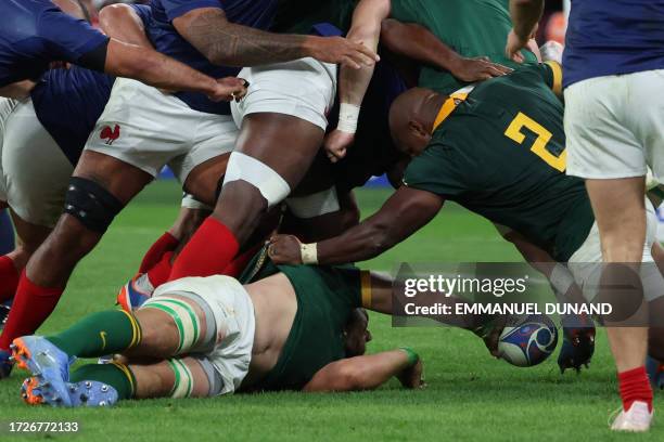 South Africa's number eight Duane Vermeulen releases the ball out of a ruck during the France 2023 Rugby World Cup quarter-final match between France...