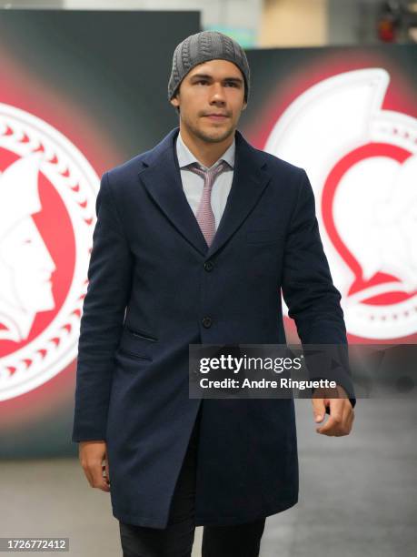 Artem Zub of the Ottawa Senators arrives at the arena prior to a game against the Tampa Bay Lightning at Canadian Tire Centre on October 15, 2023 in...