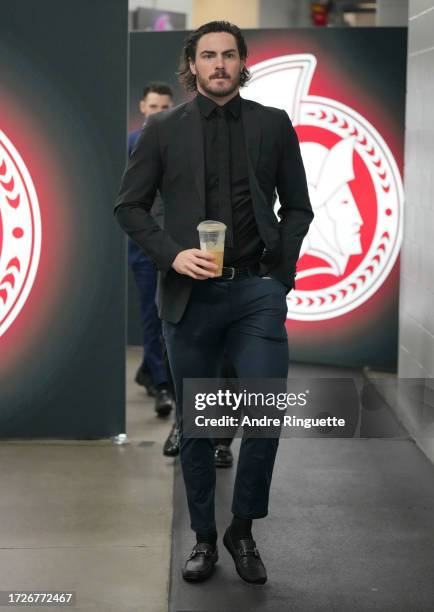 Zack MacEwen of the Ottawa Senators arrives at the arena prior to a game against the Tampa Bay Lightning at Canadian Tire Centre on October 15, 2023...