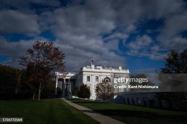 General view of the White House on October 2023 in Washington, DC. President Biden will remain in Washington for the weekend.