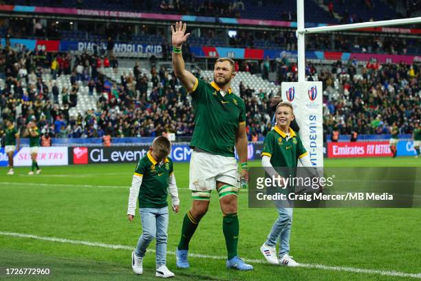 Duane Vermeulen of South Africa applauds the fans after the Rugby World Cup France 2023 Quarter Final match between France and South Africa at Stade...