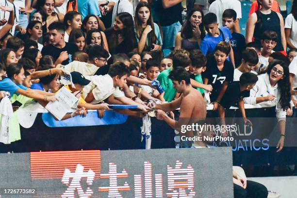 Men 200m Freestyle - Dimitrios Markos handing out autographs after celebrating 4th position during the World Aquatics Swimming World Cup 2023 - Leg 2...