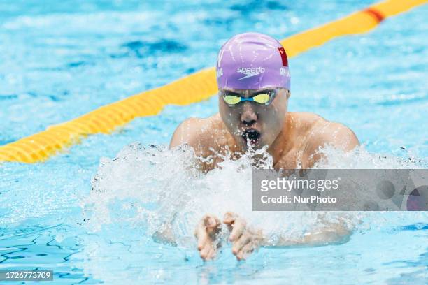 Men 200m Breastroke - Haiyang Qin during the World Aquatics Swimming World Cup 2023 - Leg 2 - Day 3 Finals at the Athens Olympic Aquatic Centre in...