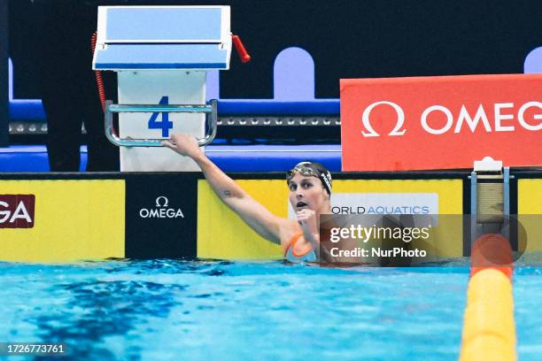 Women 200m Medley - Sydney Pickrem celebrating her gold medal during the World Aquatics Swimming World Cup 2023 - Leg 2 - Day 3 Finals at the Athens...